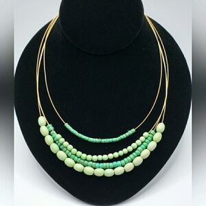 90s Vintage Gold Circle Necklace Multi Strand Green Wood Round Barrel Beads MN68